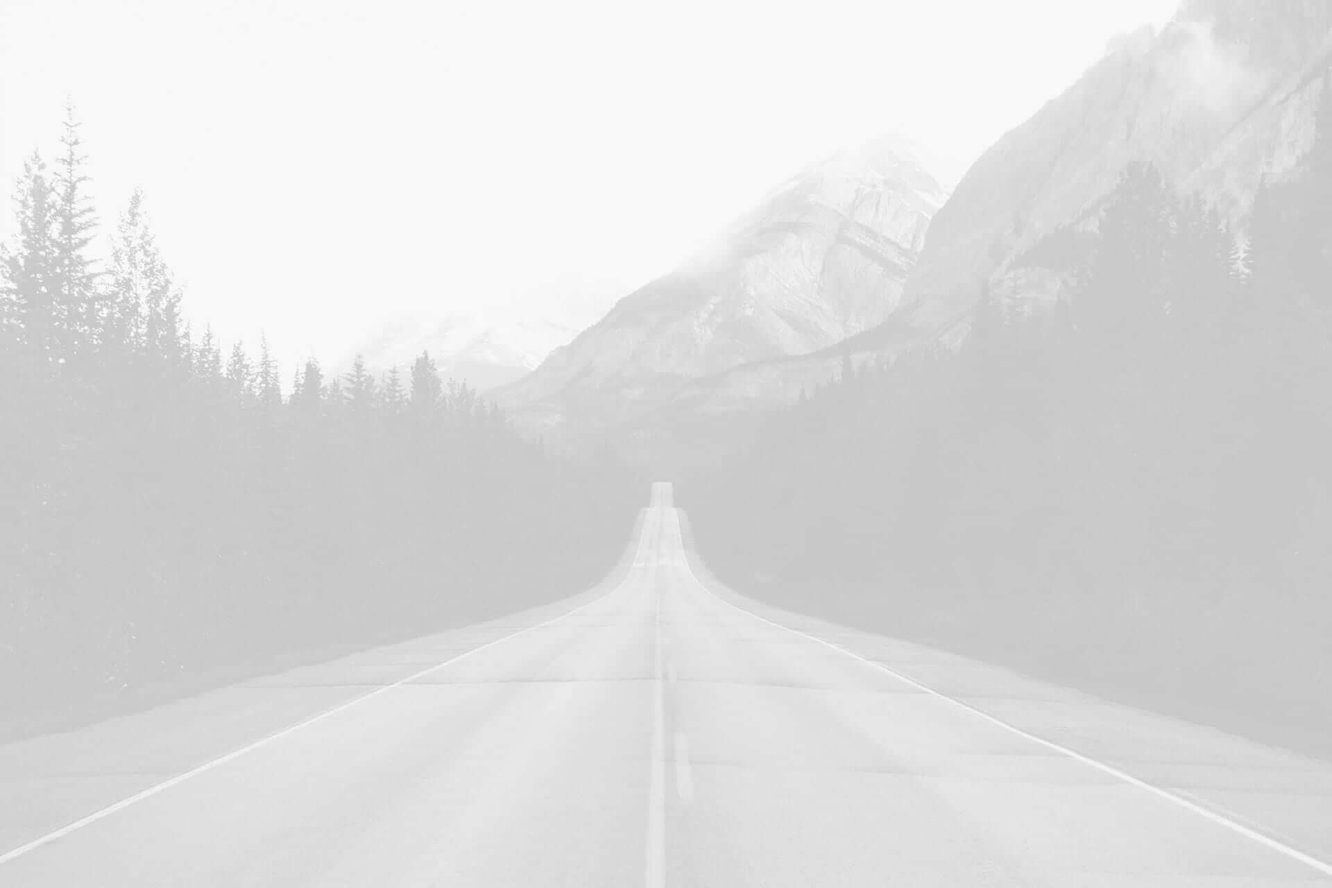 A grayscale image of an empty road leading towards fog-covered mountains, flanked by dense forests on both sides.