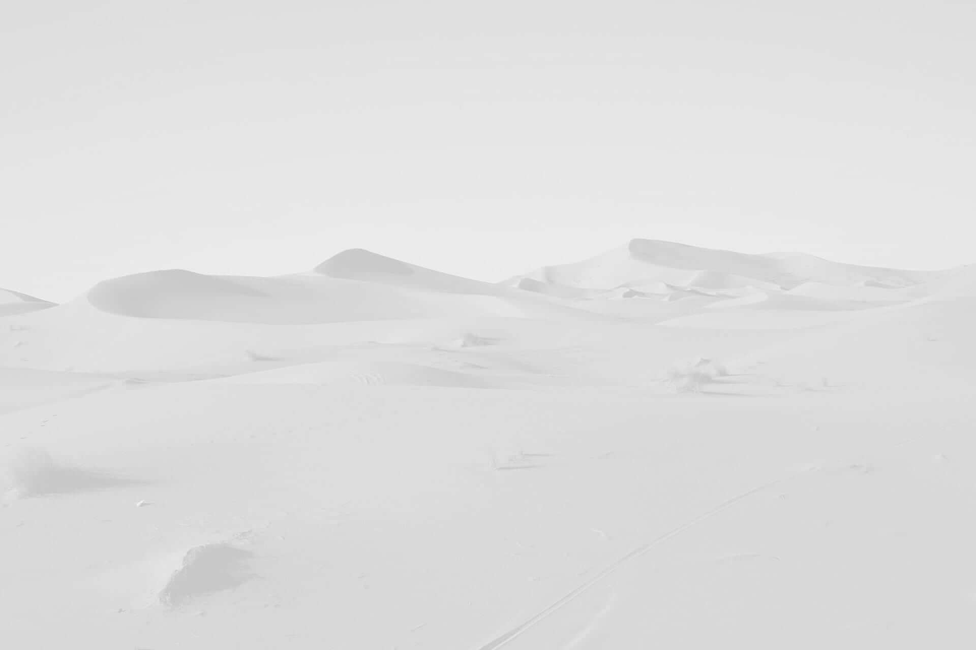 Vast, serene desert landscape covered in snow with gently rolling dunes under an overcast sky.