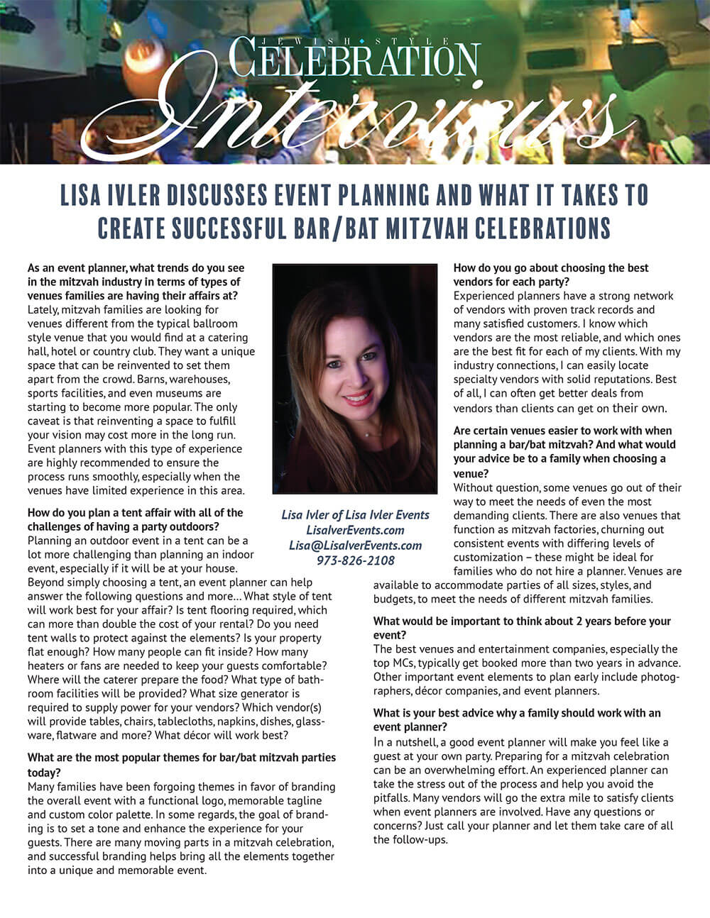 Promotional flyer featuring lisa miller, an event planner, with text detailing tips on creating successful events and bat/bar mitzvah celebrations. contact details are included.