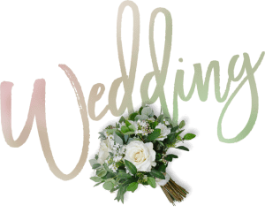 lie-wedding The image features the word "Wedding" in cursive script with a bouquet of white roses and greenery.
