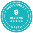 Teal badge from weddingwire featuring a 9 reviews count and a 5-star rating, indicating a top-rated status.